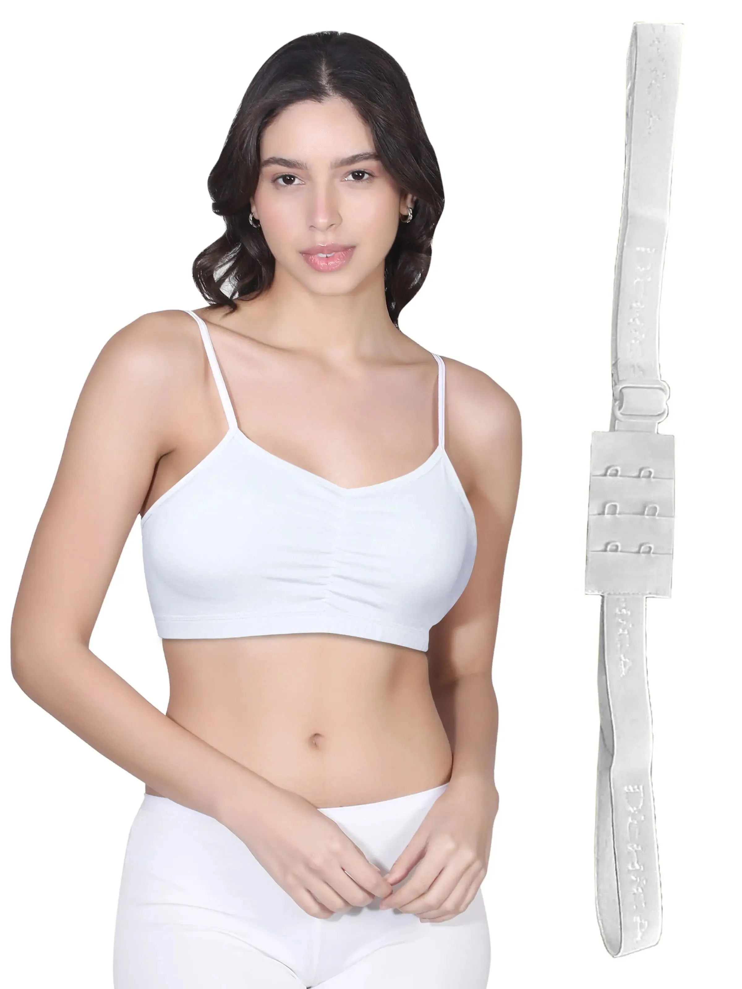 D'chica Thin Strap Cotton Padded Sports Bra for Women | White Sports Bra with Removable Pads, Elasticated Underband, and Full Coverage | Includes Adjustable Low Back Bra Converter - Pack of 2