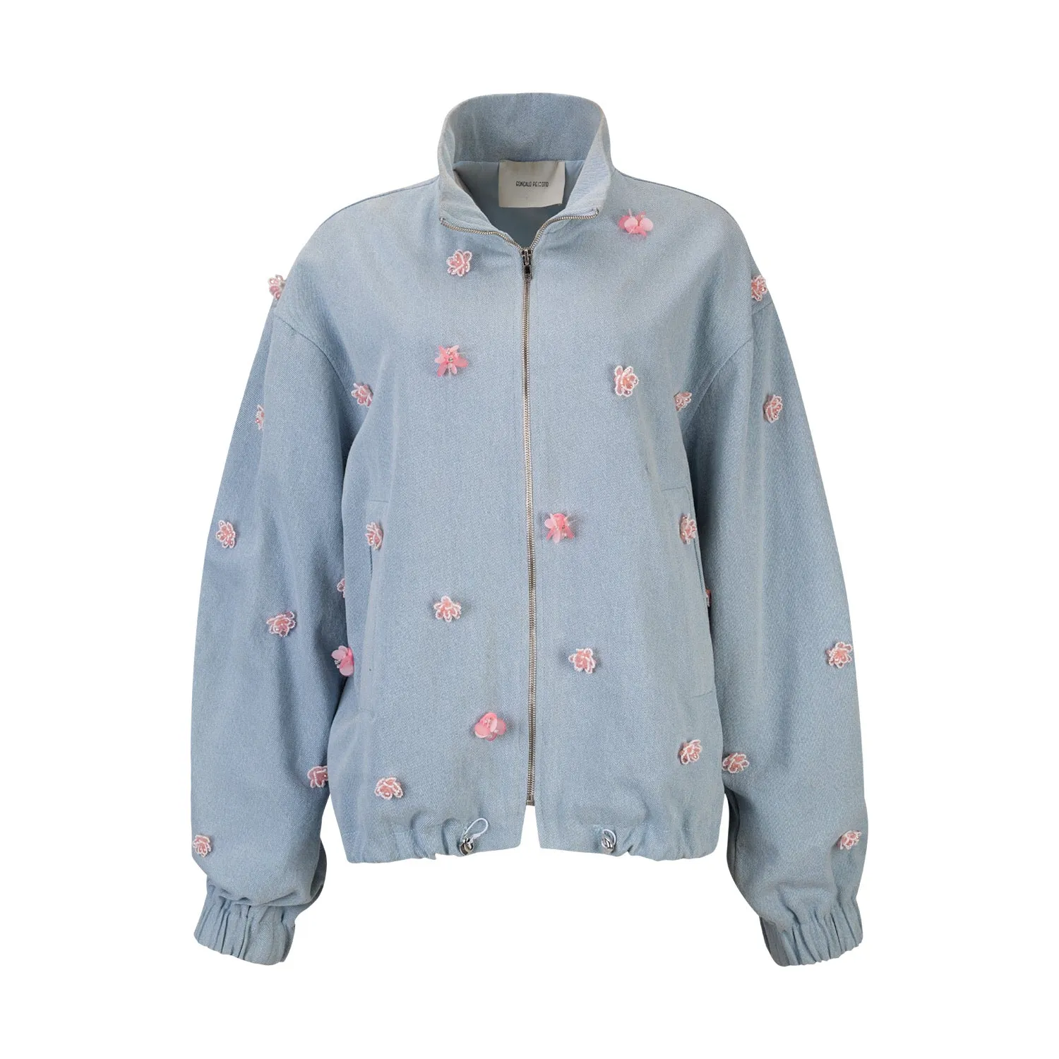 Denim Bomber Jacket W/ Pink Floral Appliqus