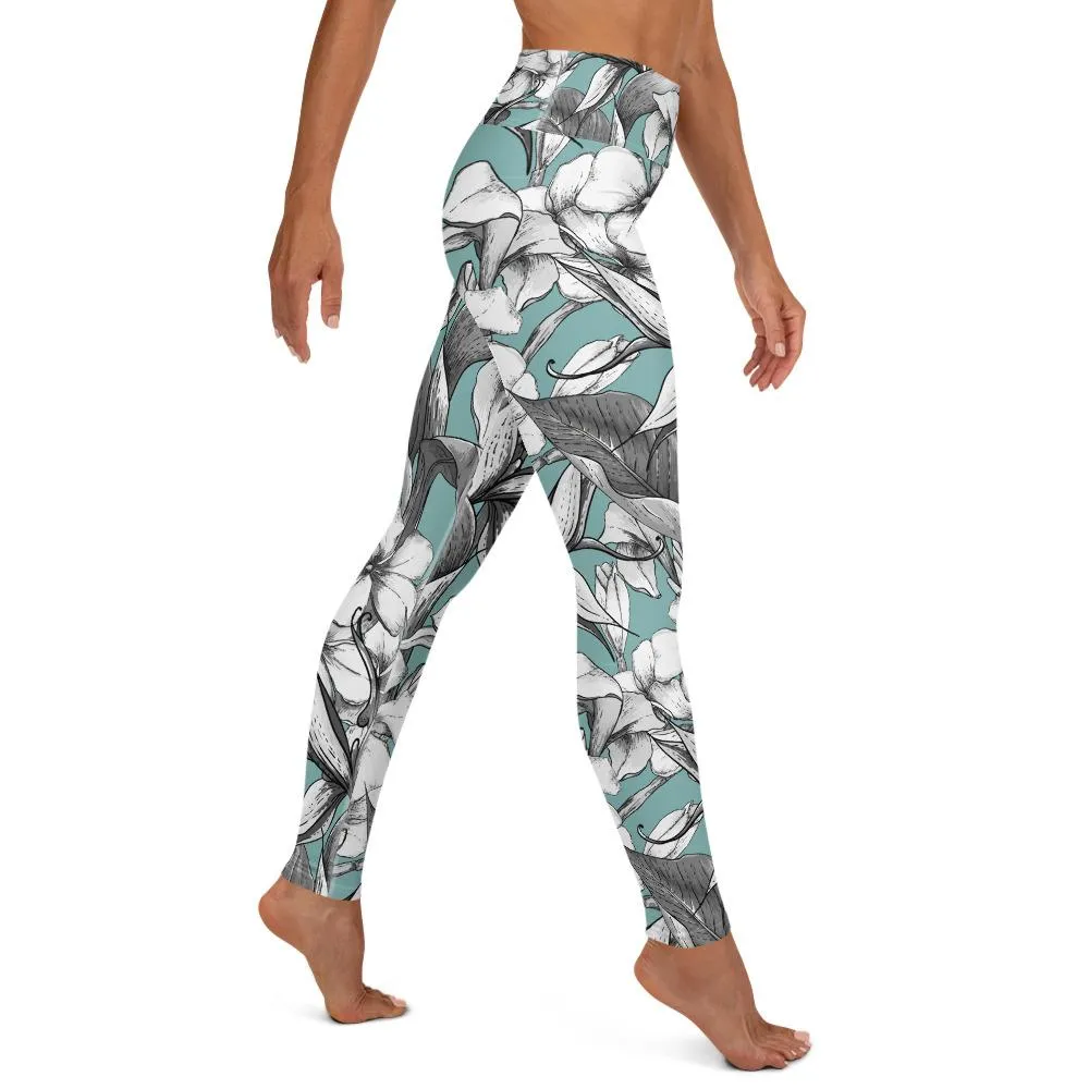 Exotic flowers yoga pants in soft green