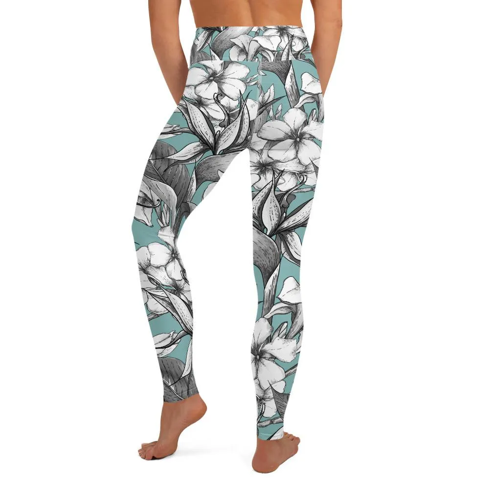 Exotic flowers yoga pants in soft green