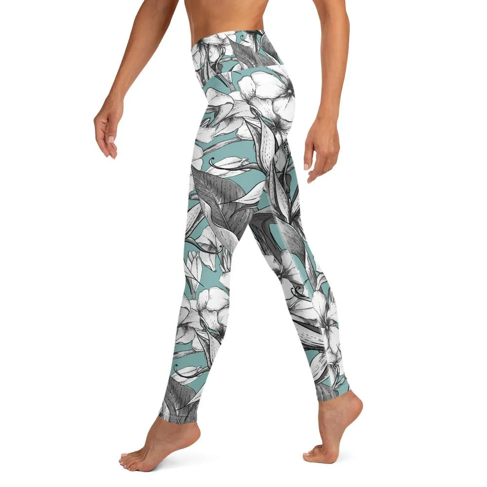 Exotic flowers yoga pants in soft green