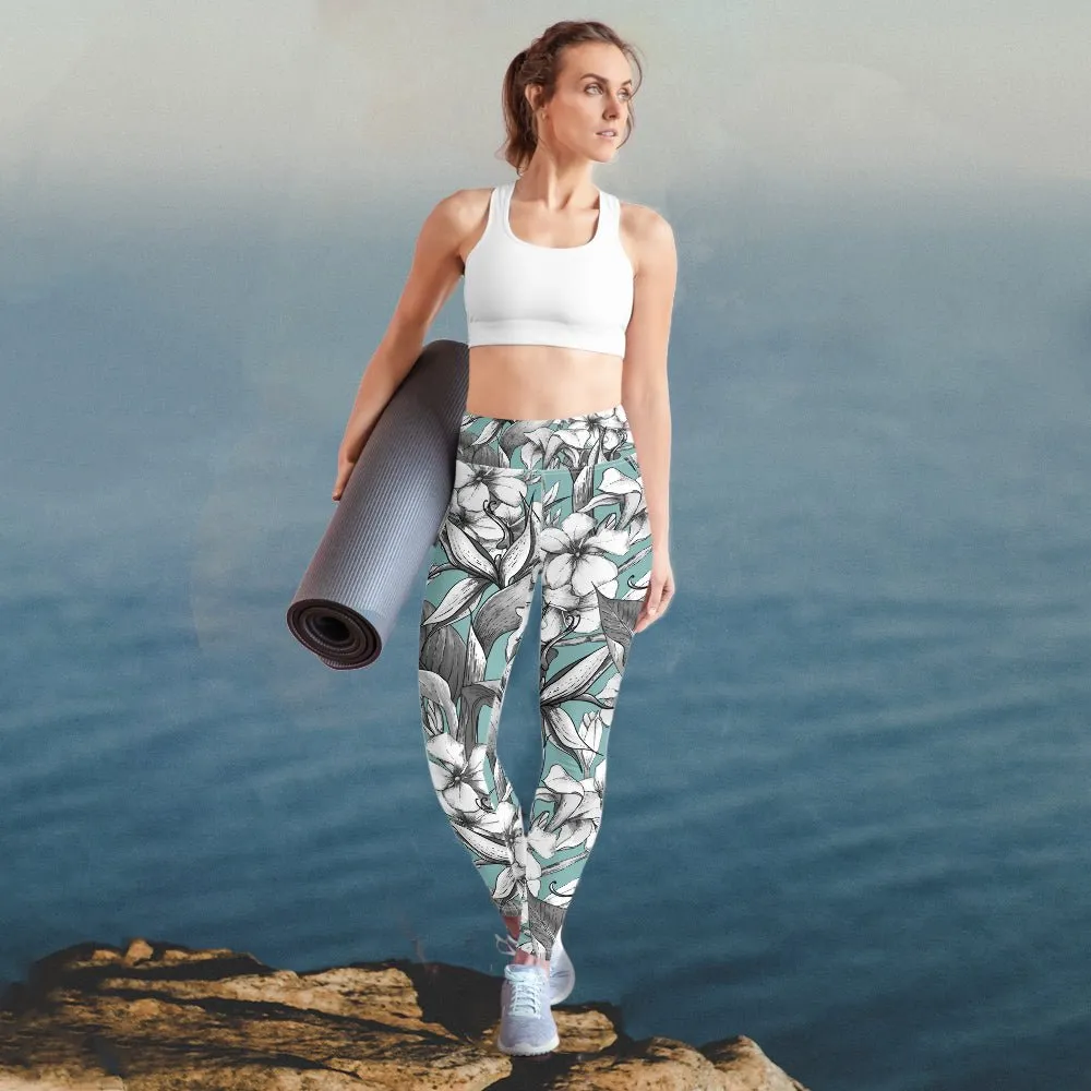 Exotic flowers yoga pants in soft green