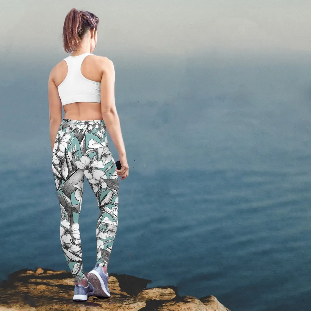 Exotic flowers yoga pants in soft green