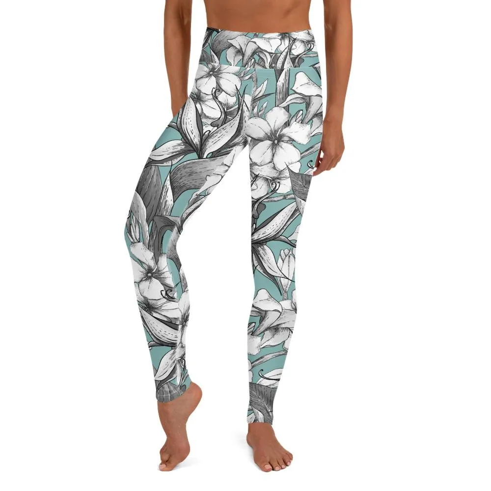Exotic flowers yoga pants in soft green