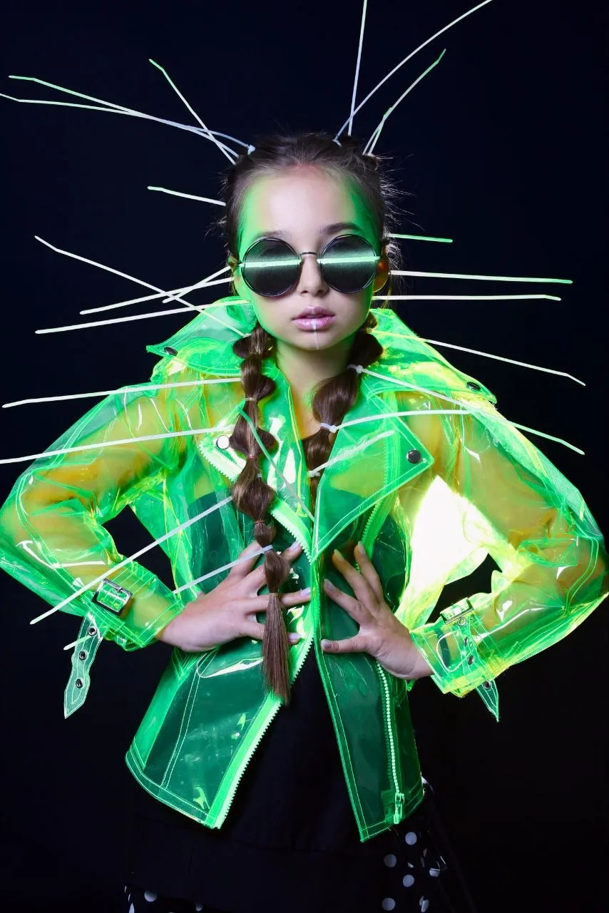 Kids Vinyl Protecting Jacket. Girls Biker Waterproof Jacket.
