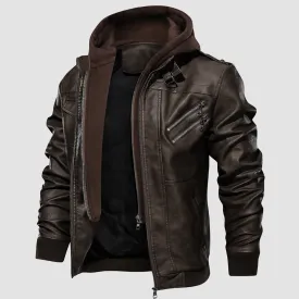 Men's PU Bomber Jacket Faux Leather Motorcycle Jaketc with  Removable Hood