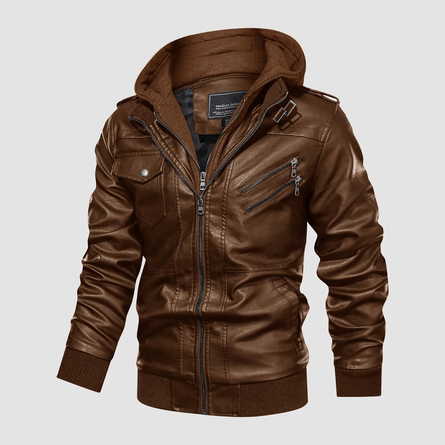 Men's PU Bomber Jacket Faux Leather Motorcycle Jaketc with  Removable Hood