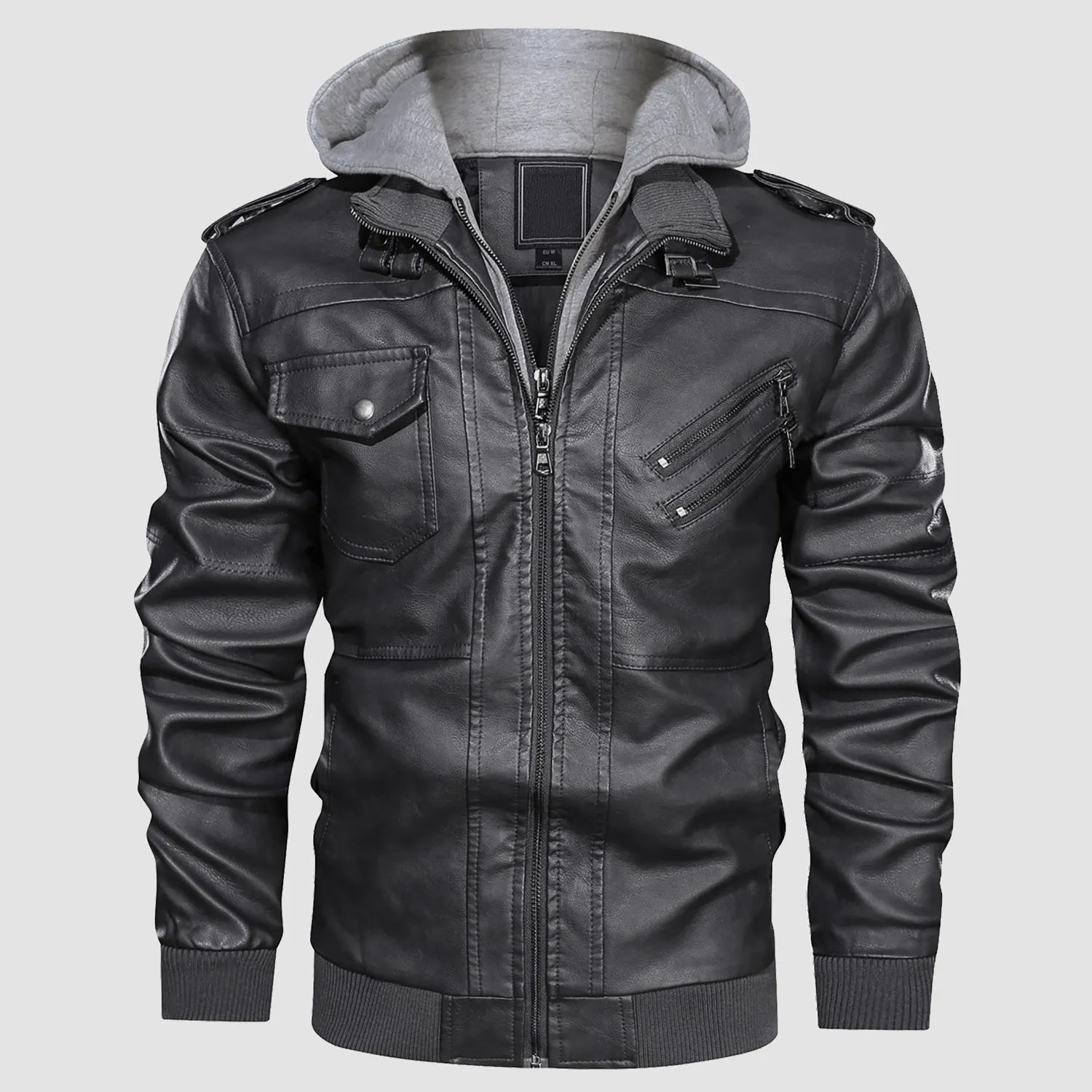 Men's PU Bomber Jacket Faux Leather Motorcycle Jaketc with  Removable Hood