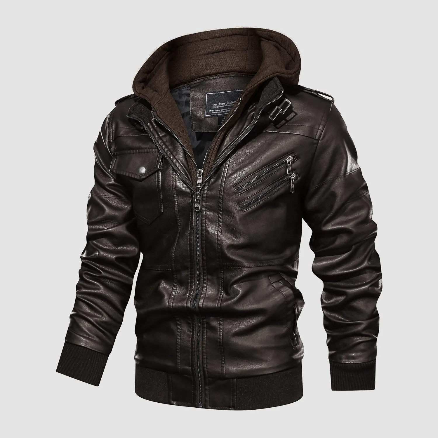 Men's PU Bomber Jacket Faux Leather Motorcycle Jaketc with  Removable Hood