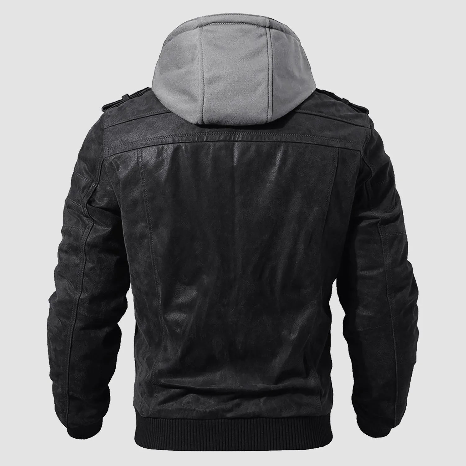 Men's PU Bomber Jacket Faux Leather Motorcycle Jaketc with  Removable Hood