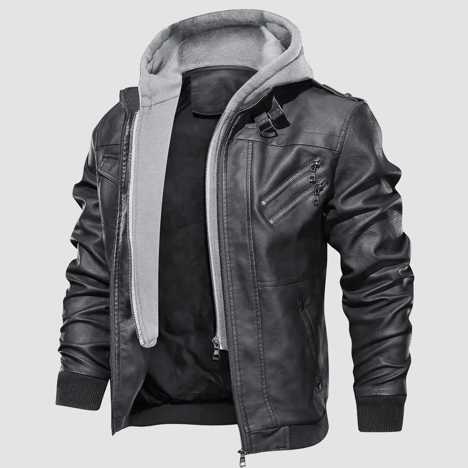 Men's PU Bomber Jacket Faux Leather Motorcycle Jaketc with  Removable Hood