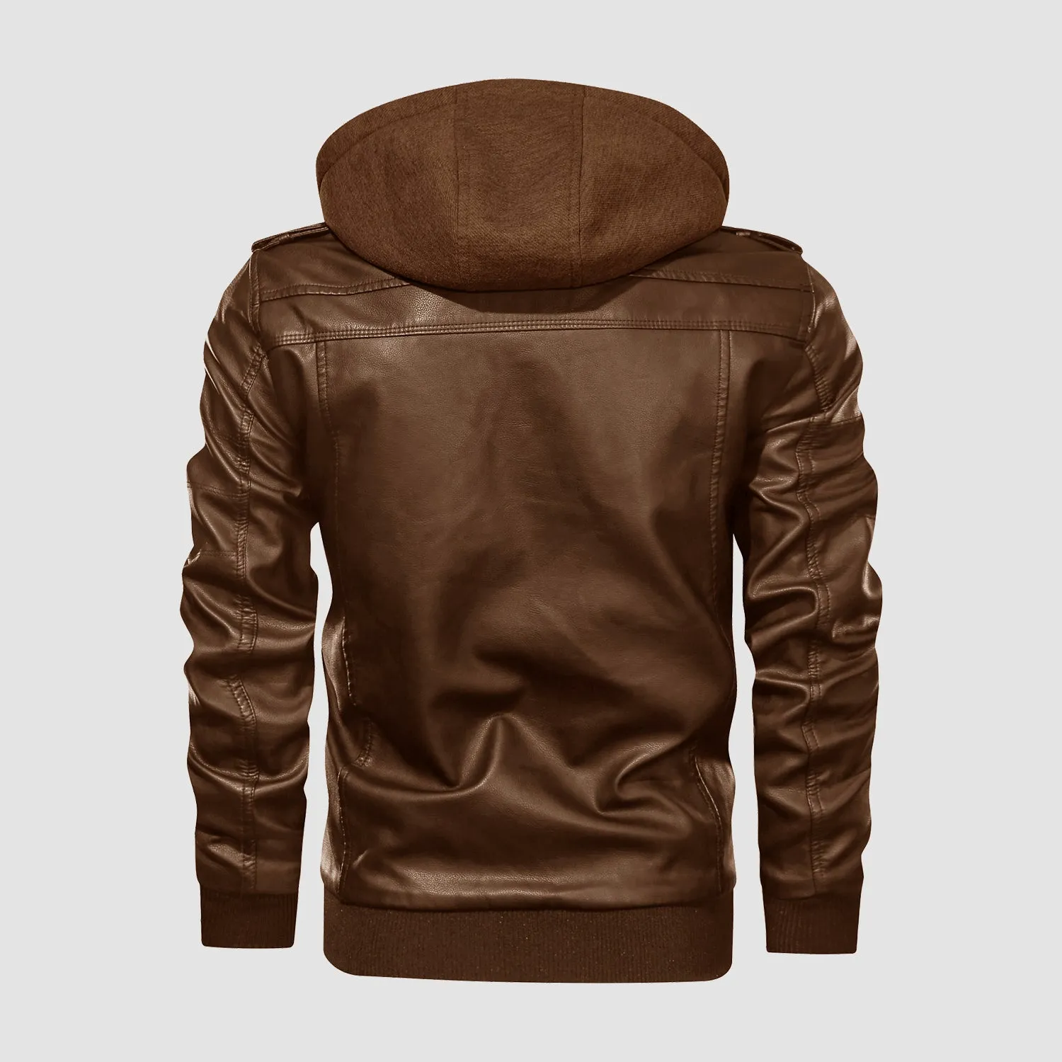 Men's PU Bomber Jacket Faux Leather Motorcycle Jaketc with  Removable Hood