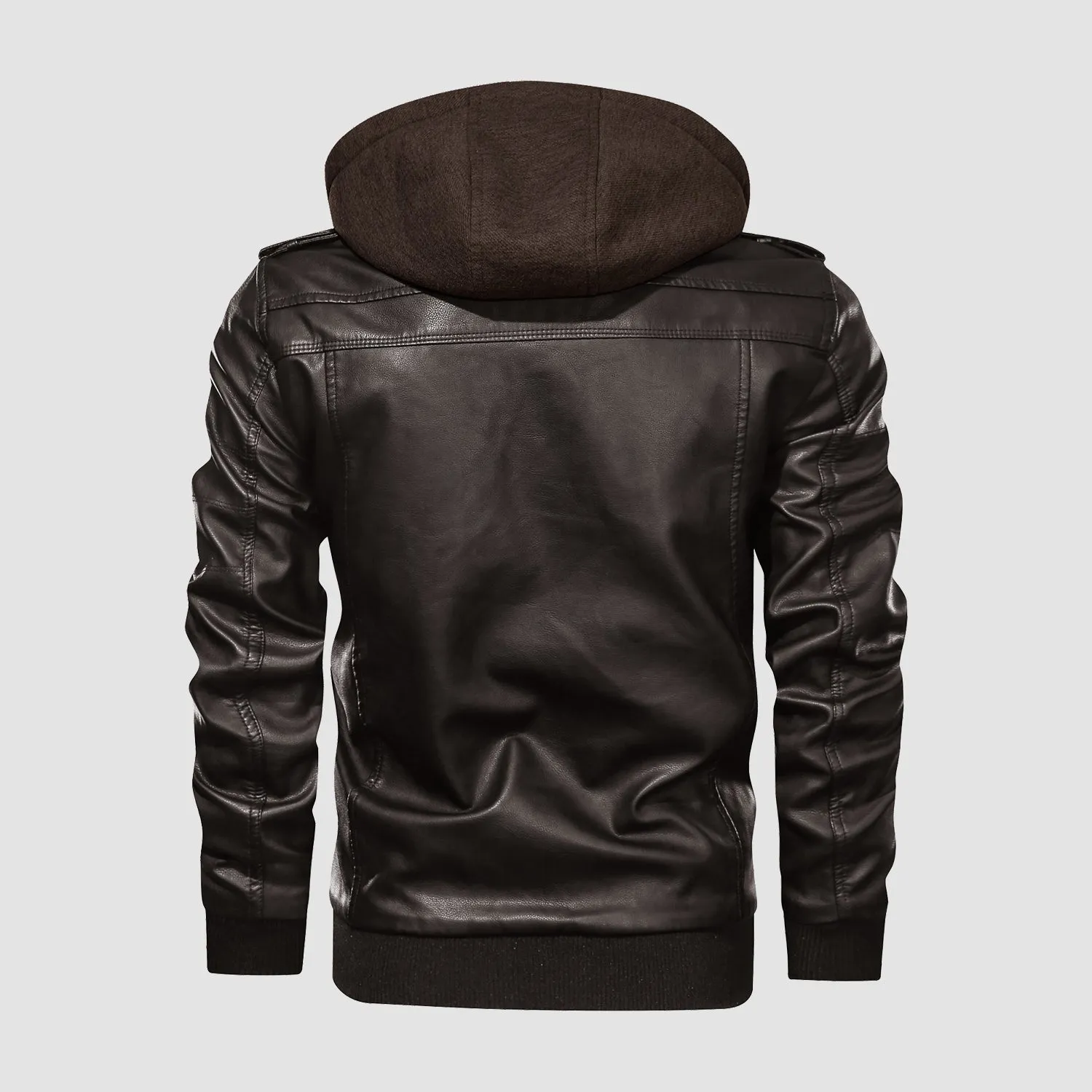 Men's PU Bomber Jacket Faux Leather Motorcycle Jaketc with  Removable Hood