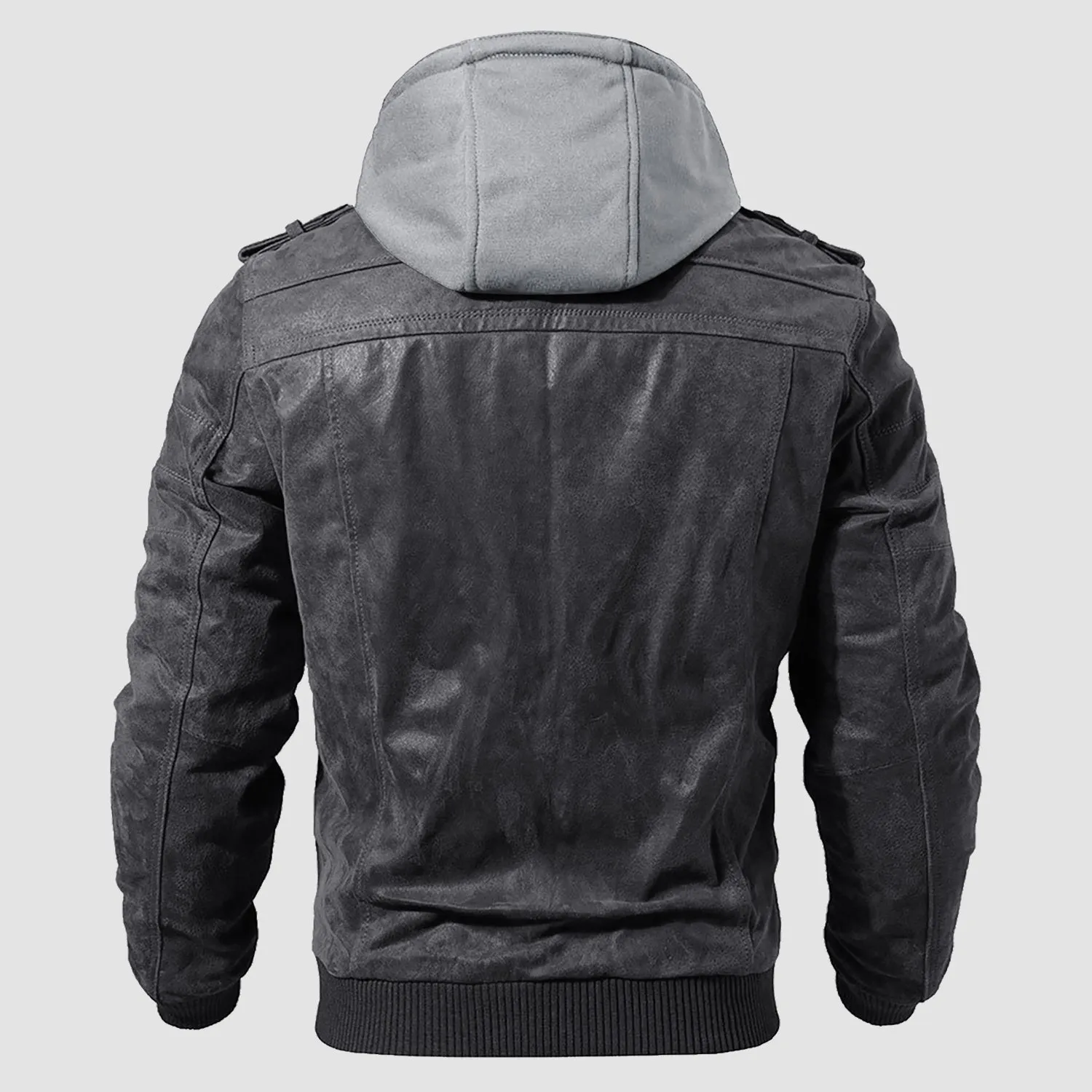 Men's PU Bomber Jacket Faux Leather Motorcycle Jaketc with  Removable Hood