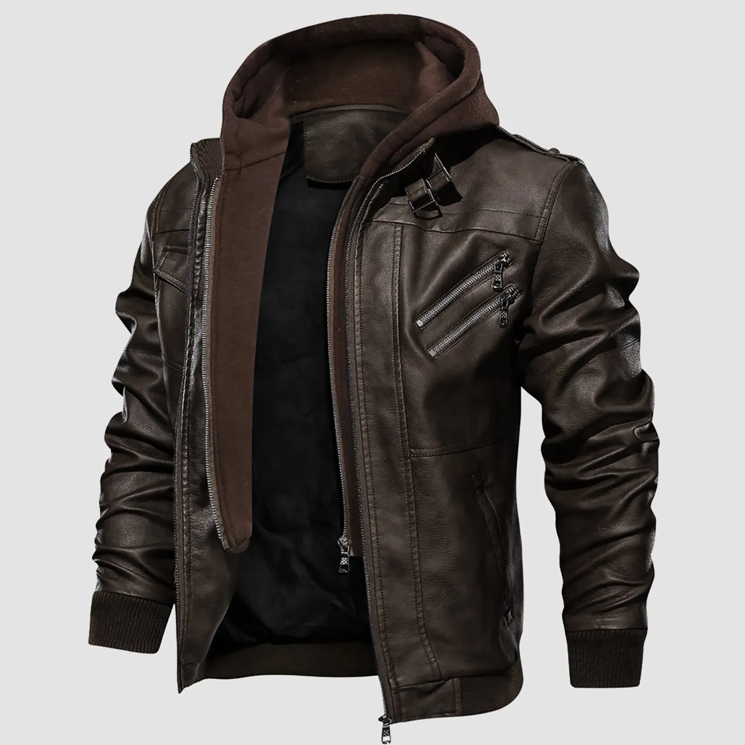 Men's PU Bomber Jacket Faux Leather Motorcycle Jaketc with  Removable Hood