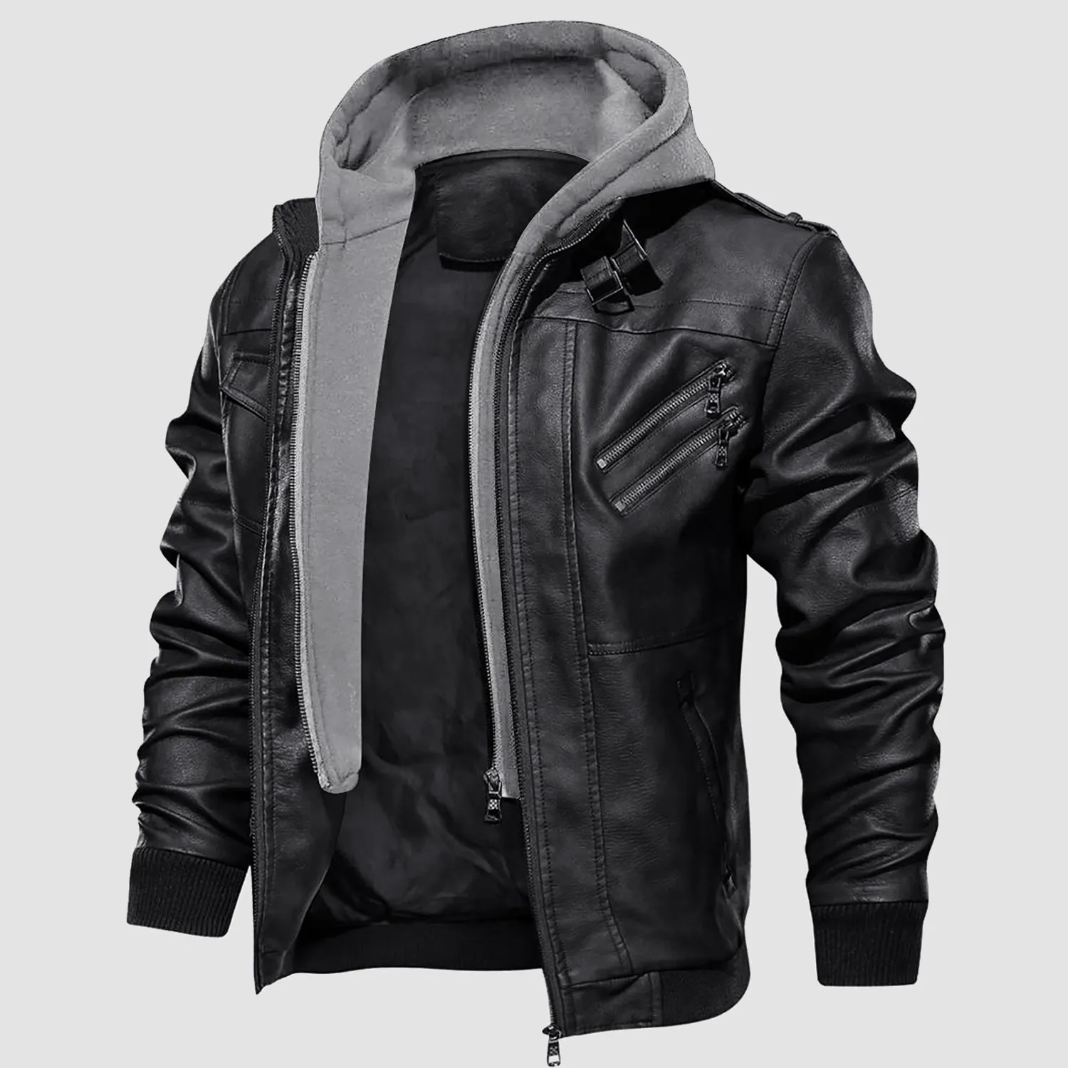 Men's PU Bomber Jacket Faux Leather Motorcycle Jaketc with  Removable Hood