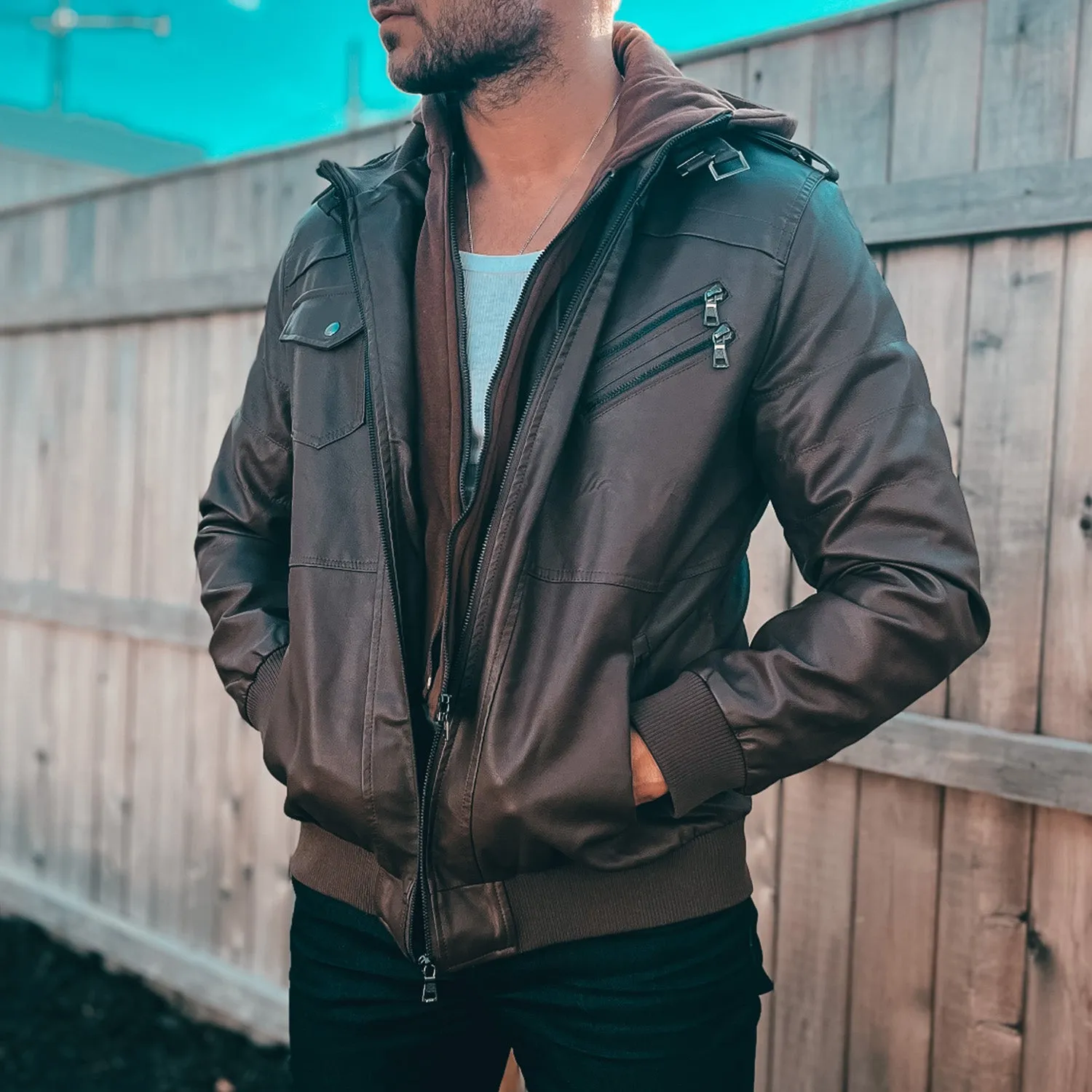 Men's PU Bomber Jacket Faux Leather Motorcycle Jaketc with  Removable Hood