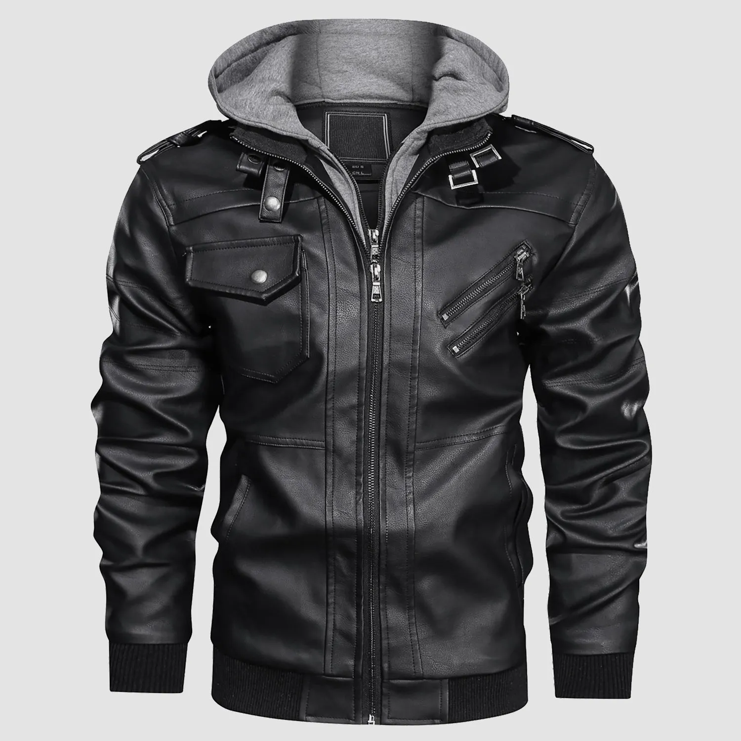 Men's PU Bomber Jacket Faux Leather Motorcycle Jaketc with  Removable Hood