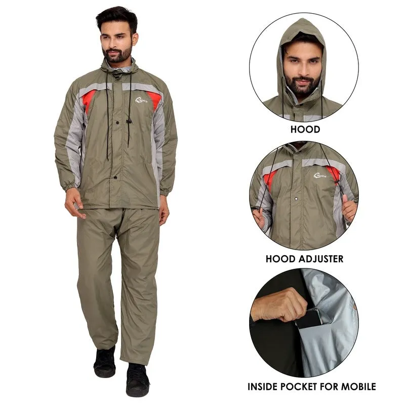 Men's Reversible Waterproof Nylon Raincoat with Reflector Logo | Set of Top and Bottom | Large | Mehendi