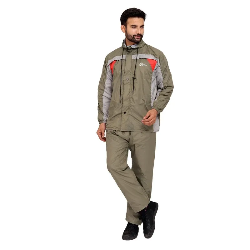 Men's Reversible Waterproof Nylon Raincoat with Reflector Logo | Set of Top and Bottom | Large | Mehendi