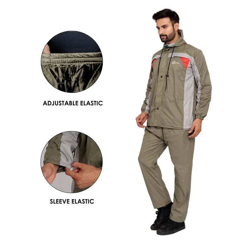 Men's Reversible Waterproof Nylon Raincoat with Reflector Logo | Set of Top and Bottom | Large | Mehendi