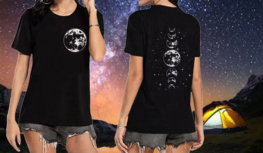 Moon and Sun Shirts for Women Vintage Graphic Tshirt Mountain Hiking Short Sleeve Tees Vacation Funny Shirt