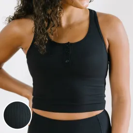 Ribbed Crop Tank Sports Bra - Black