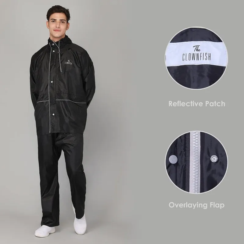 The Clownfish Charles Series Men's Waterproof Polyester Raincoat with Hood and Reflector Logo at Back. Expandable Back For Backpack Holding. Set of Top and Bottom. Printed Plastic Pouch with Rope ( Black, Large)