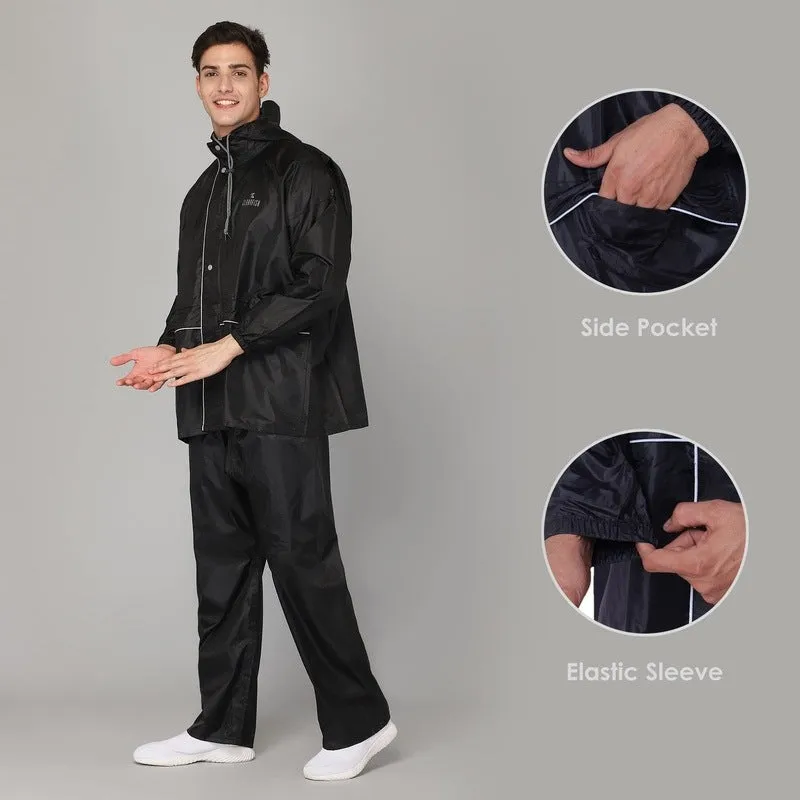 The Clownfish Charles Series Men's Waterproof Polyester Raincoat with Hood and Reflector Logo at Back. Expandable Back For Backpack Holding. Set of Top and Bottom. Printed Plastic Pouch with Rope ( Black, Large)