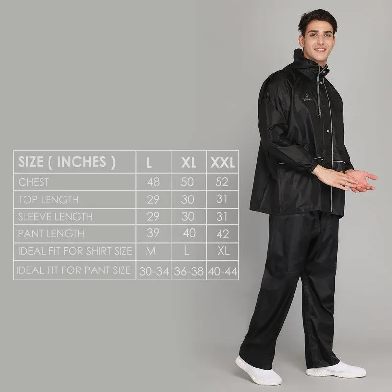 The Clownfish Charles Series Men's Waterproof Polyester Raincoat with Hood and Reflector Logo at Back. Expandable Back For Backpack Holding. Set of Top and Bottom. Printed Plastic Pouch with Rope ( Black, Large)