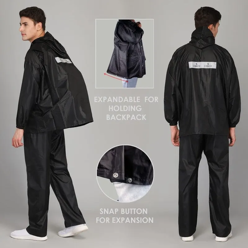 The Clownfish Charles Series Men's Waterproof Polyester Raincoat with Hood and Reflector Logo at Back. Expandable Back For Backpack Holding. Set of Top and Bottom. Printed Plastic Pouch with Rope ( Black, Large)