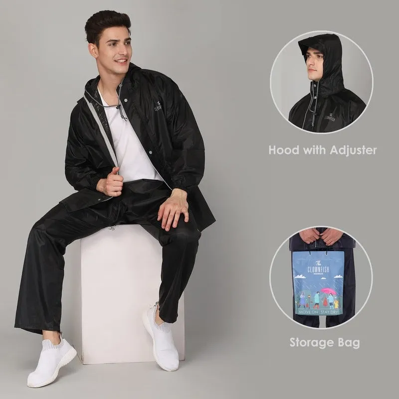 The Clownfish Charles Series Men's Waterproof Polyester Raincoat with Hood and Reflector Logo at Back. Expandable Back For Backpack Holding. Set of Top and Bottom. Printed Plastic Pouch with Rope ( Black, Large)