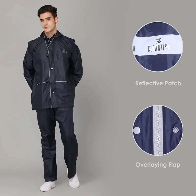 The Clownfish Charles Series Men's Waterproof Polyester Raincoat with Hood and Reflector Logo at Back. Expandable Back For Backpack Holding. Set of Top and Bottom. Printed Plastic Pouch with Rope (Blue, Large)