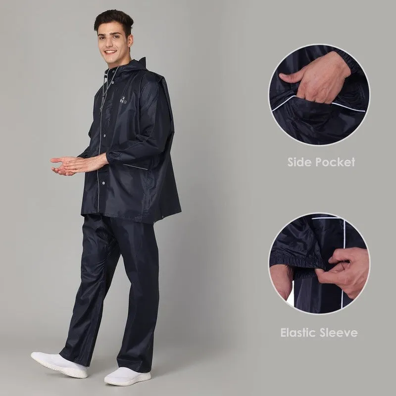 The Clownfish Charles Series Men's Waterproof Polyester Raincoat with Hood and Reflector Logo at Back. Expandable Back For Backpack Holding. Set of Top and Bottom. Printed Plastic Pouch with Rope (Blue, Large)