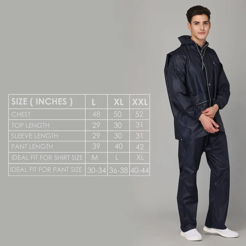 The Clownfish Charles Series Men's Waterproof Polyester Raincoat with Hood and Reflector Logo at Back. Expandable Back For Backpack Holding. Set of Top and Bottom. Printed Plastic Pouch with Rope (Blue, Large)