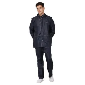 The Clownfish Charles Series Men's Waterproof Polyester Raincoat with Hood and Reflector Logo at Back. Expandable Back For Backpack Holding. Set of Top and Bottom. Printed Plastic Pouch with Rope (Blue, Large)