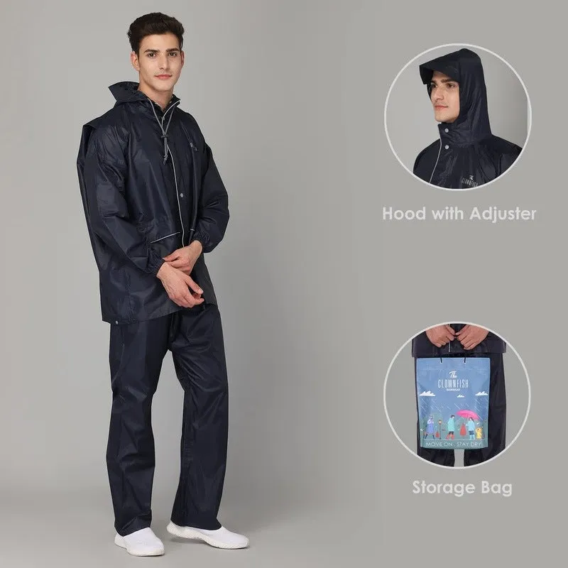 The Clownfish Charles Series Men's Waterproof Polyester Raincoat with Hood and Reflector Logo at Back. Expandable Back For Backpack Holding. Set of Top and Bottom. Printed Plastic Pouch with Rope (Blue, Large)