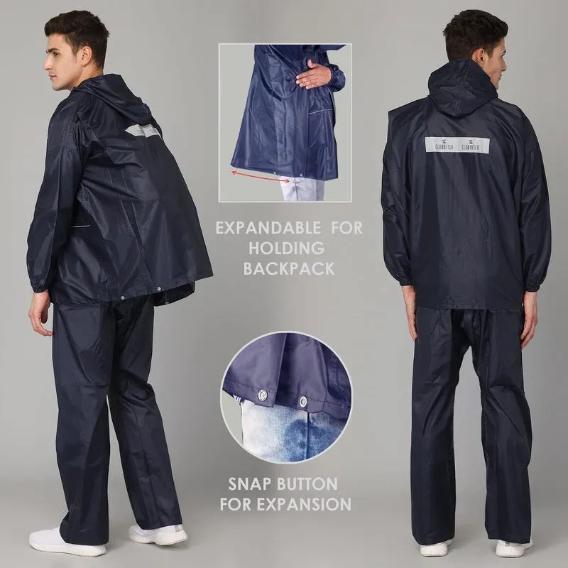 The Clownfish Charles Series Men's Waterproof Polyester Raincoat with Hood and Reflector Logo at Back. Expandable Back For Backpack Holding. Set of Top and Bottom. Printed Plastic Pouch with Rope (Blue, Large)