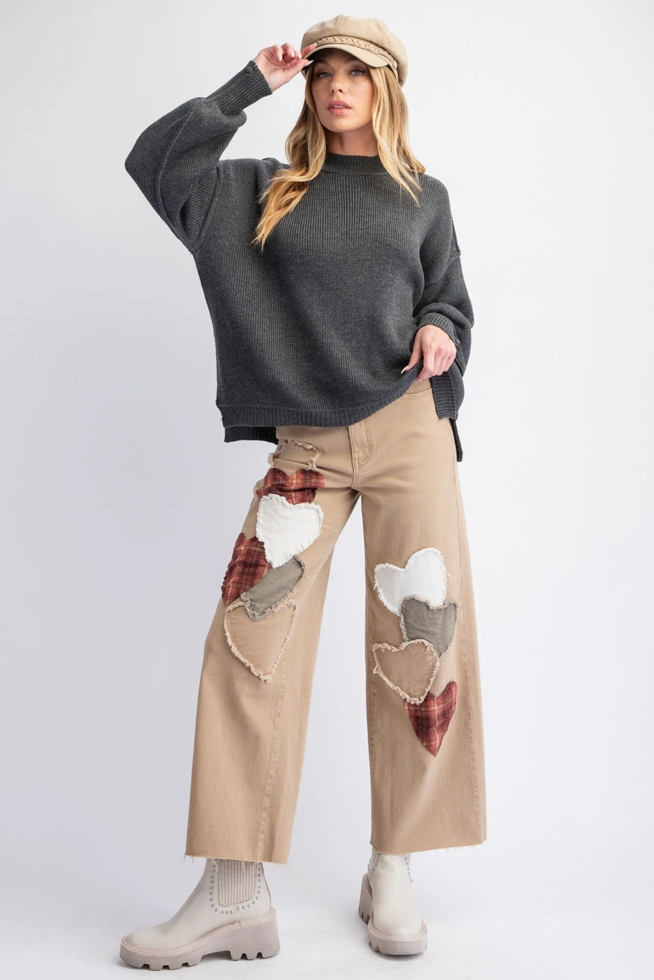 True Love Heart Patched Stretch Cotton Twill Jeans (2 Colors)
