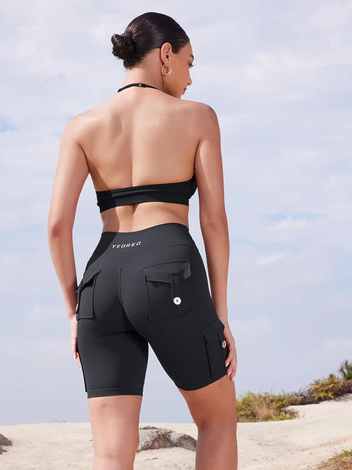 YEOREO CoreFlex Women Workout Biker Shorts with Cargo Pockets Hidden Scrunch High Waisted 8" Inseam Gym Shorts
