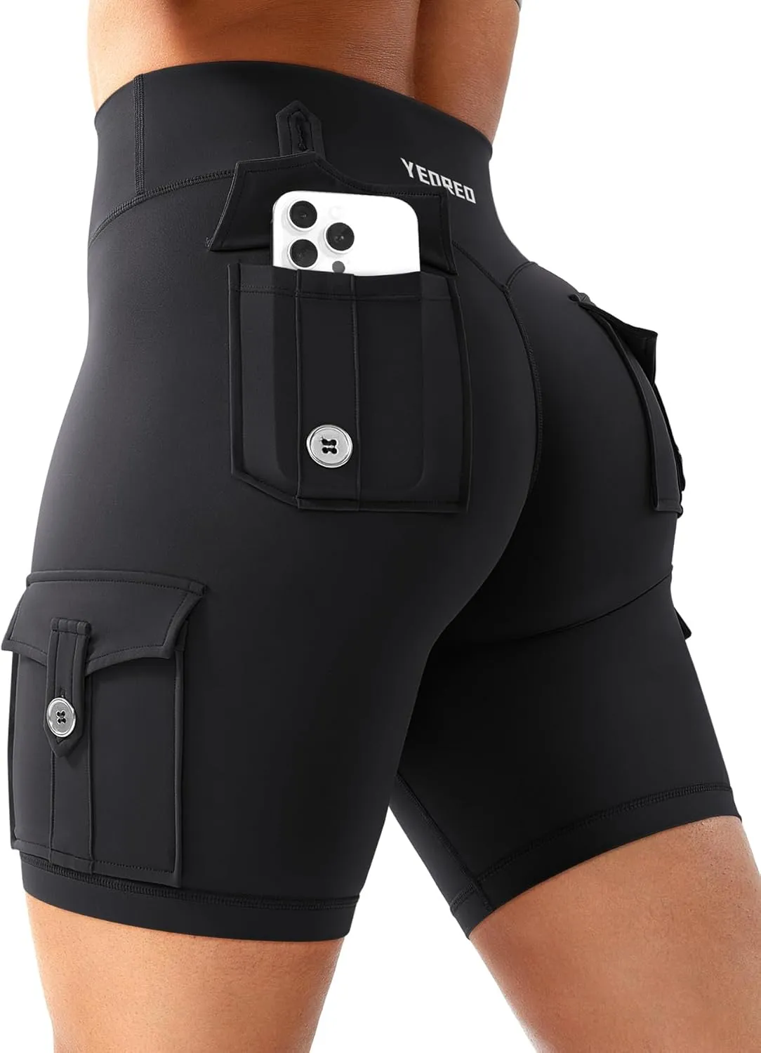 YEOREO CoreFlex Women Workout Biker Shorts with Cargo Pockets Hidden Scrunch High Waisted 8" Inseam Gym Shorts