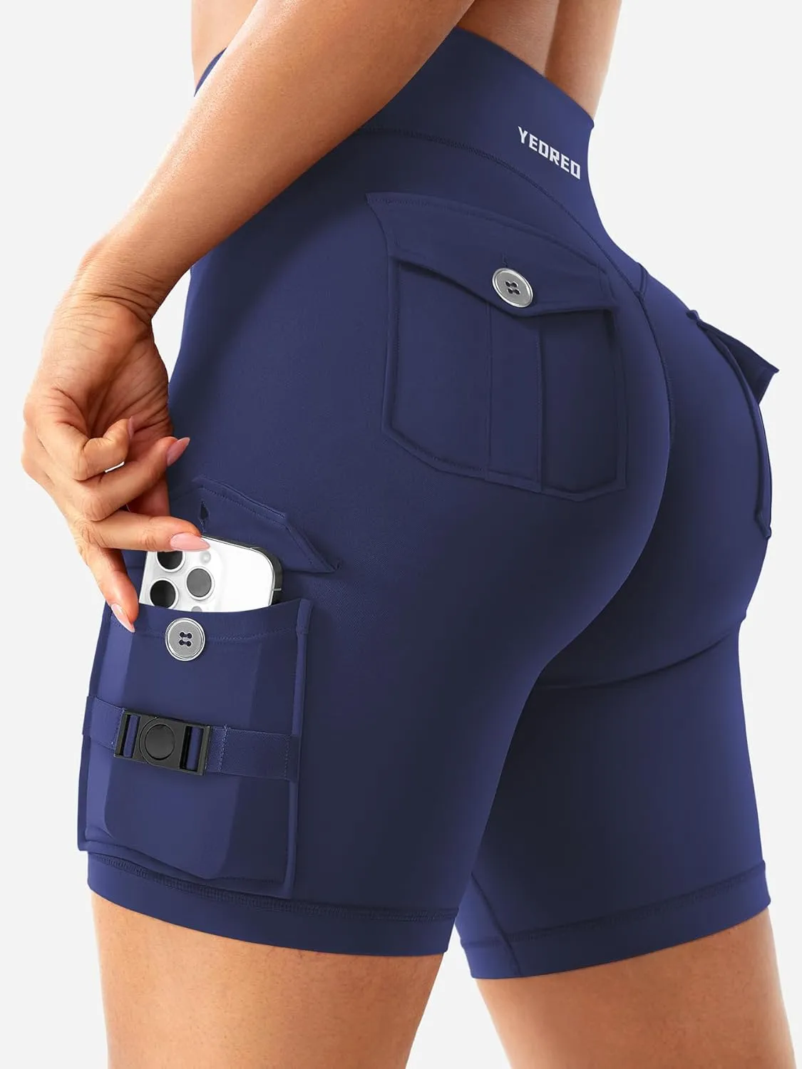 YEOREO CoreFlex Women Workout Biker Shorts with Cargo Pockets Hidden Scrunch High Waisted 8" Inseam Gym Shorts