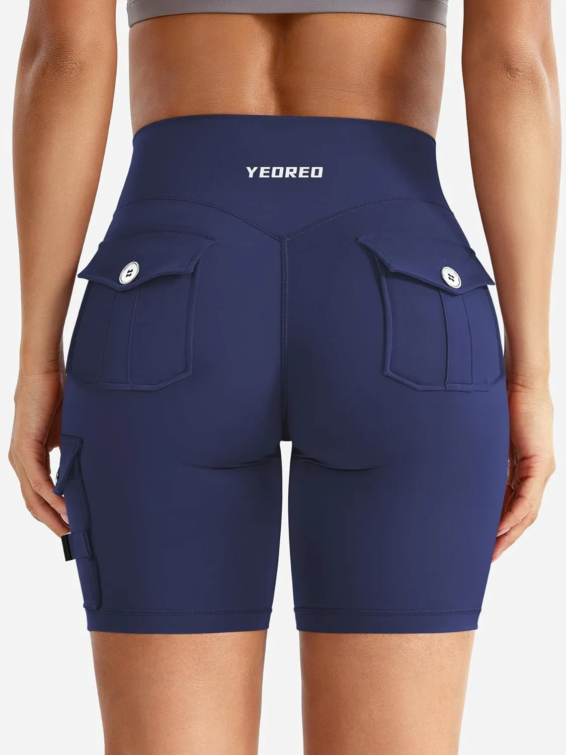 YEOREO CoreFlex Women Workout Biker Shorts with Cargo Pockets Hidden Scrunch High Waisted 8" Inseam Gym Shorts