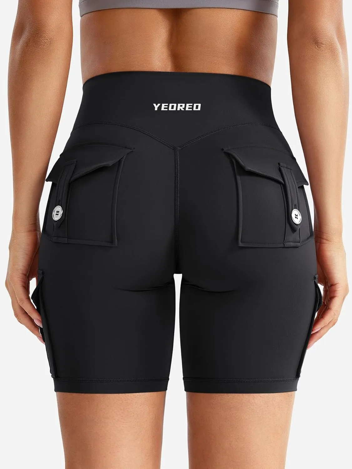 YEOREO CoreFlex Women Workout Biker Shorts with Cargo Pockets Hidden Scrunch High Waisted 8" Inseam Gym Shorts