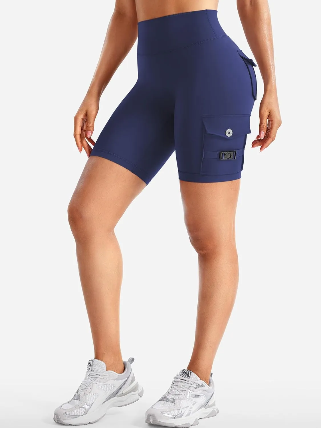 YEOREO CoreFlex Women Workout Biker Shorts with Cargo Pockets Hidden Scrunch High Waisted 8" Inseam Gym Shorts